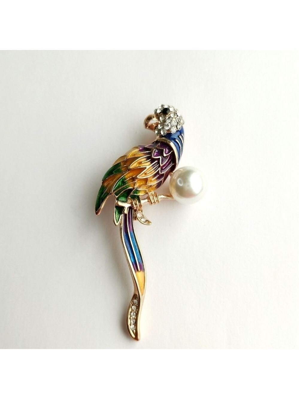 Bird Parrot Brooch Pin Enamel Crystal Pearl